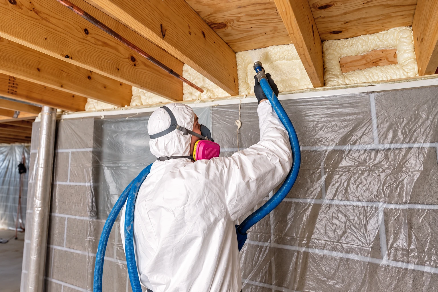 Worker in protective gear sprays foam sealant into gaps near the ceiling of a plastic-covered basement wall.