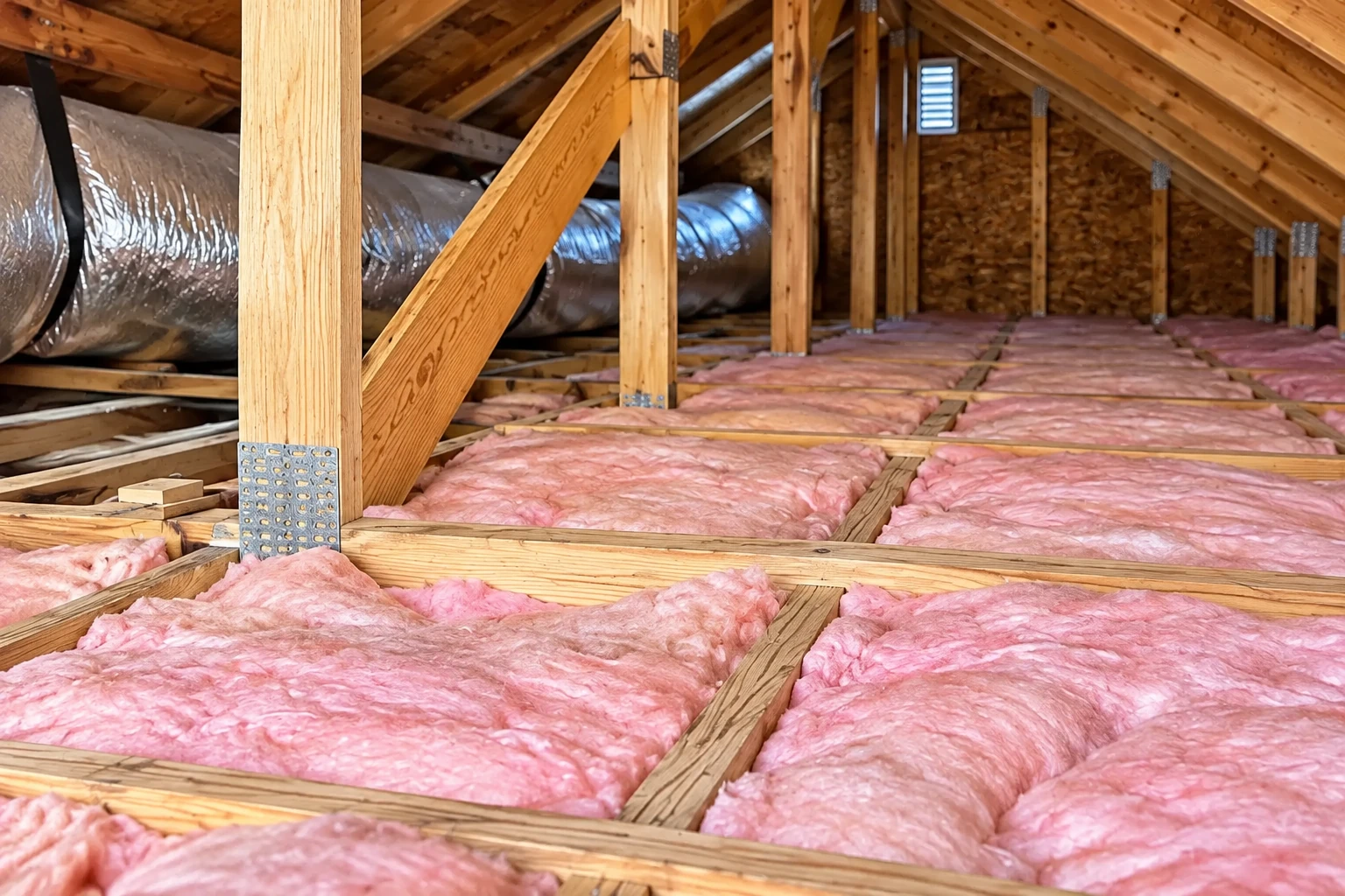 Pink batt insulation fills the floor joists of an attic with exposed wooden trusses and a metal air duct.