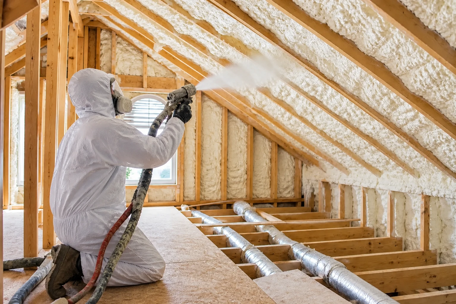A worker in protective coveralls sprays foam insulation onto the rafters of a framed attic.
