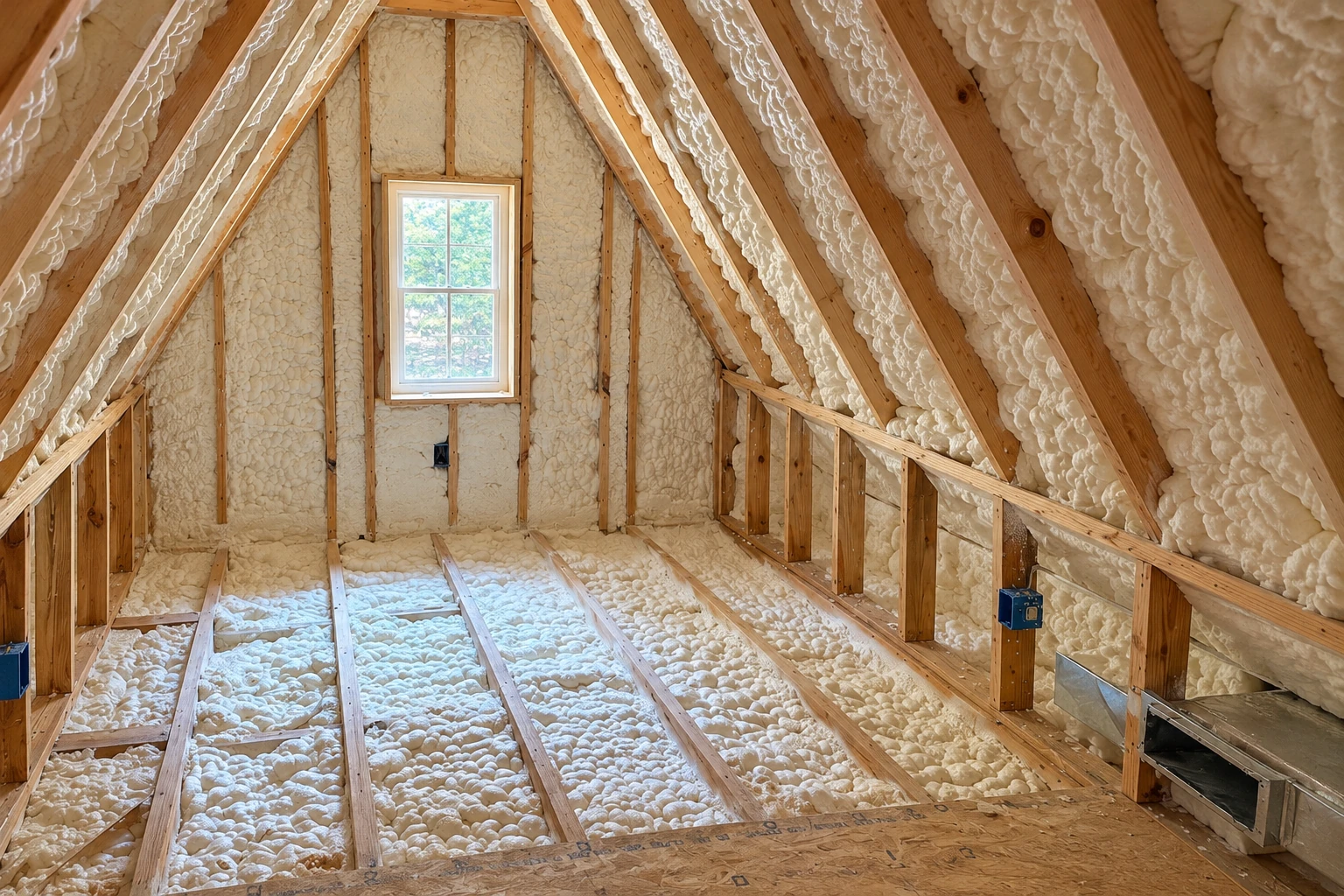 An unfinished attic has white foam insulation across its sloped rafters and floor, with a small window at the far end.