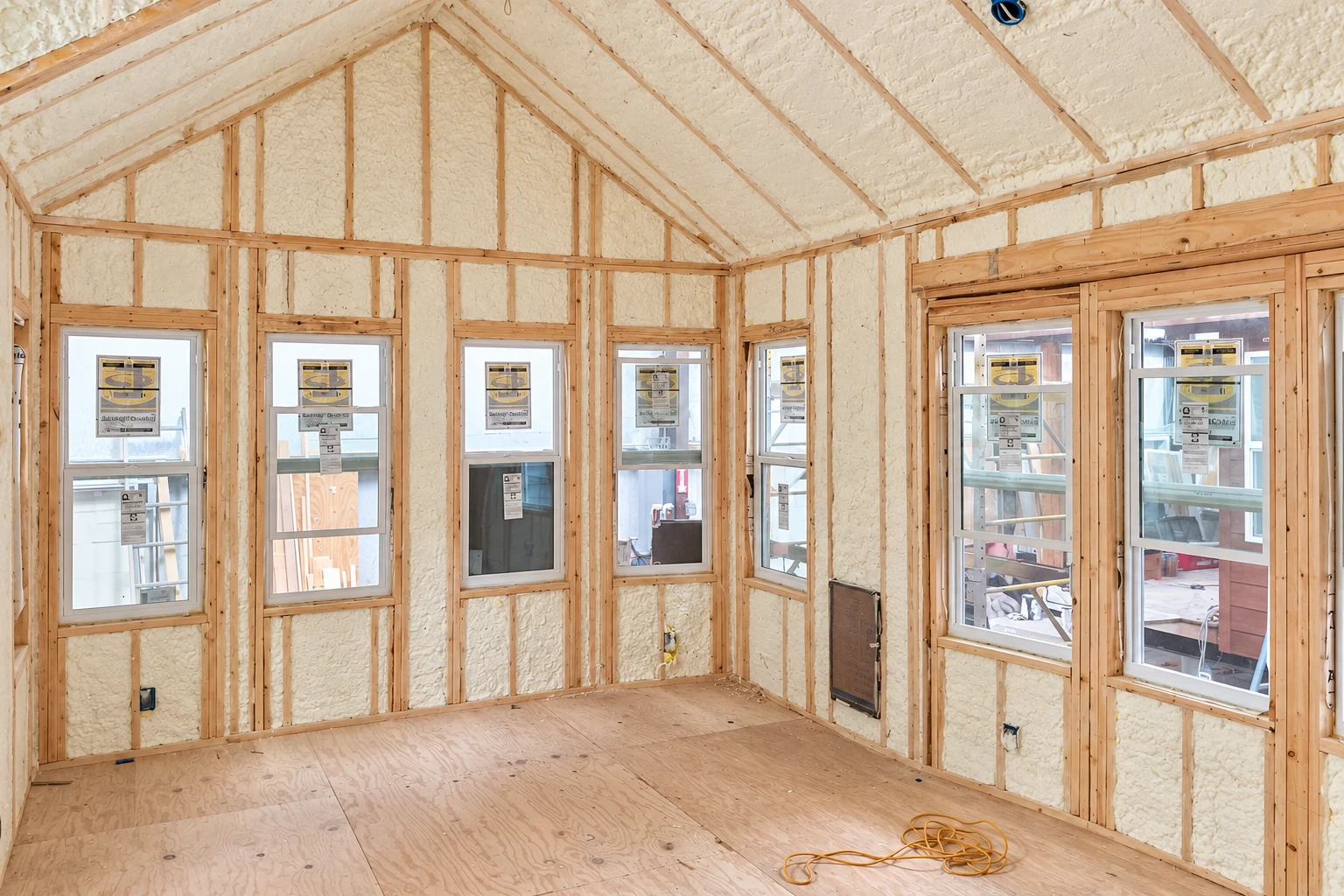 Spray foam insulation coats the roof and framed walls of an unfinished room with multiple windows.