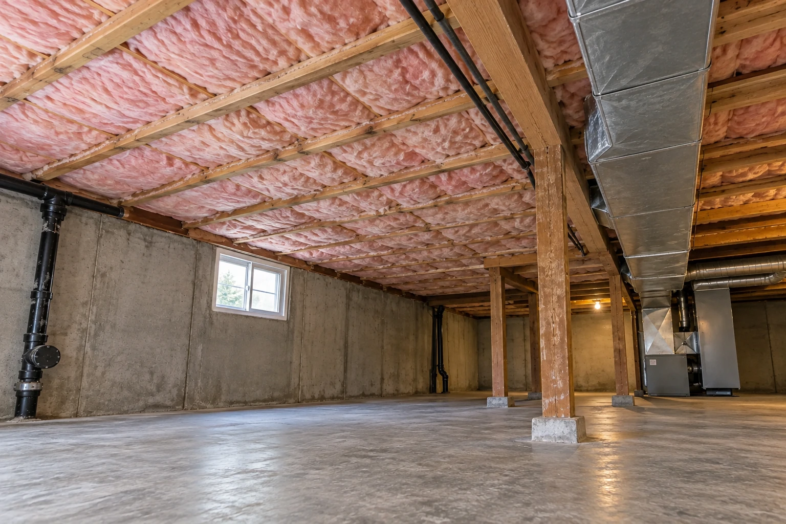 Basement with pink fiberglass insulation fitted between ceiling joists, concrete walls, and exposed ductwork.