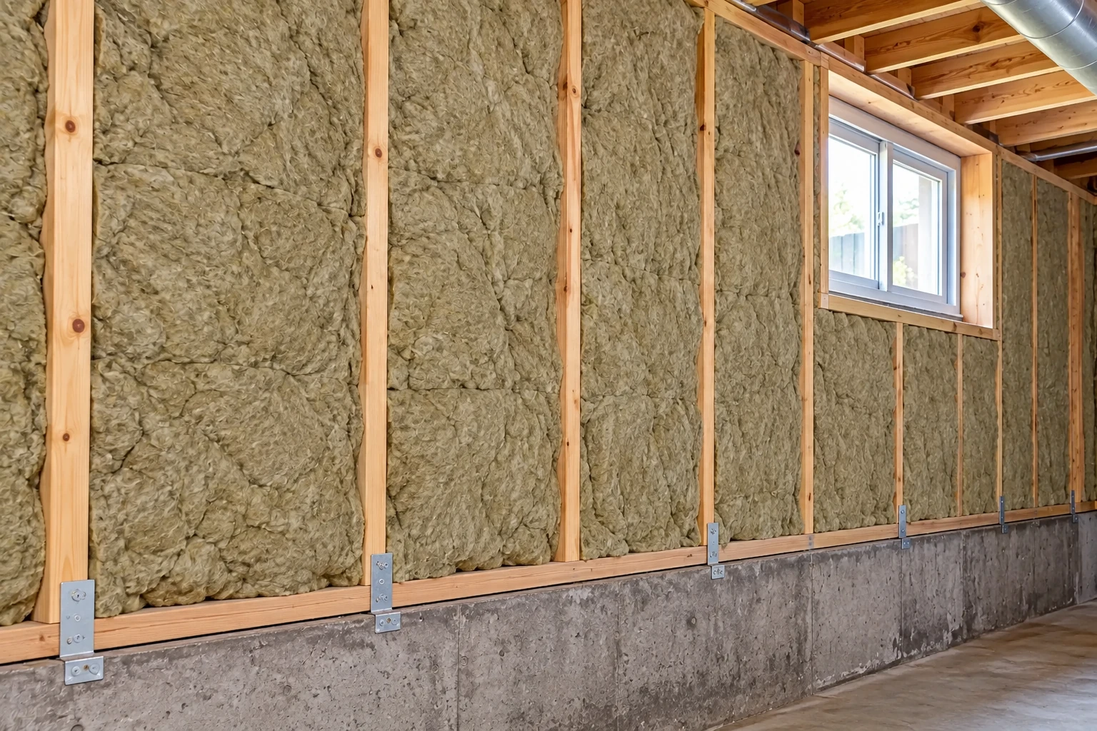 Basement wall insulation fills wooden framing above a concrete foundation, beside a small window.