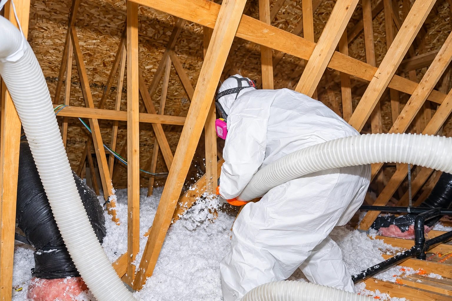 A worker in protective coveralls feeds loose-fill insulation through a large hose into an attic.