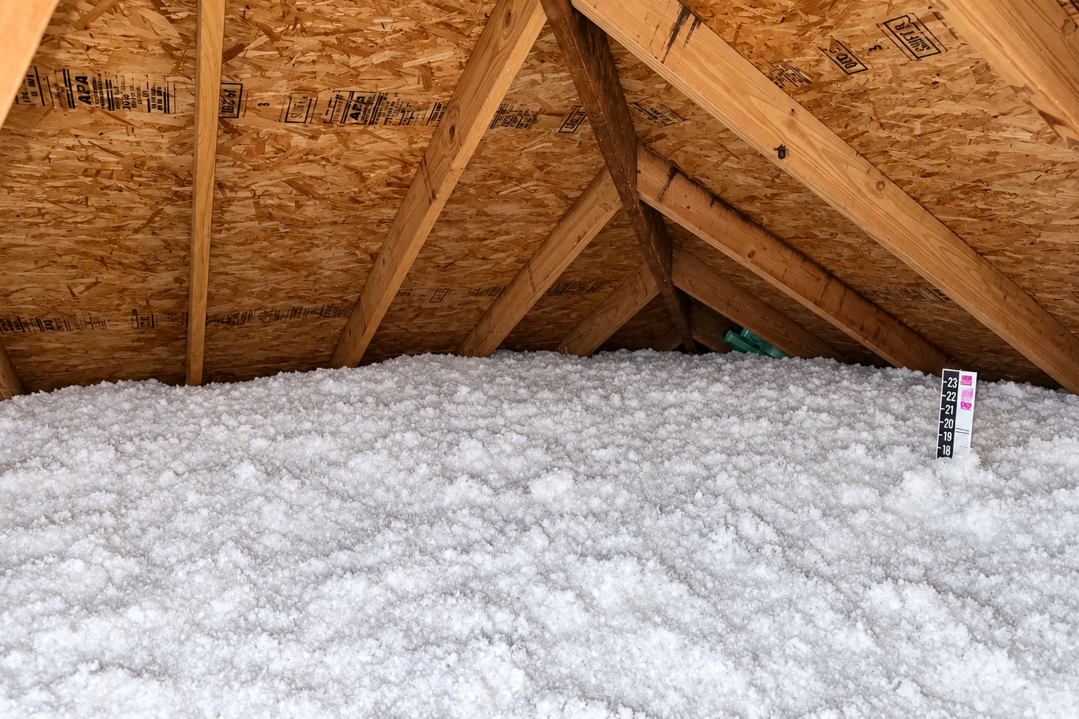 A thick layer of loose-fill insulation covers an attic floor beneath exposed wooden roof trusses.