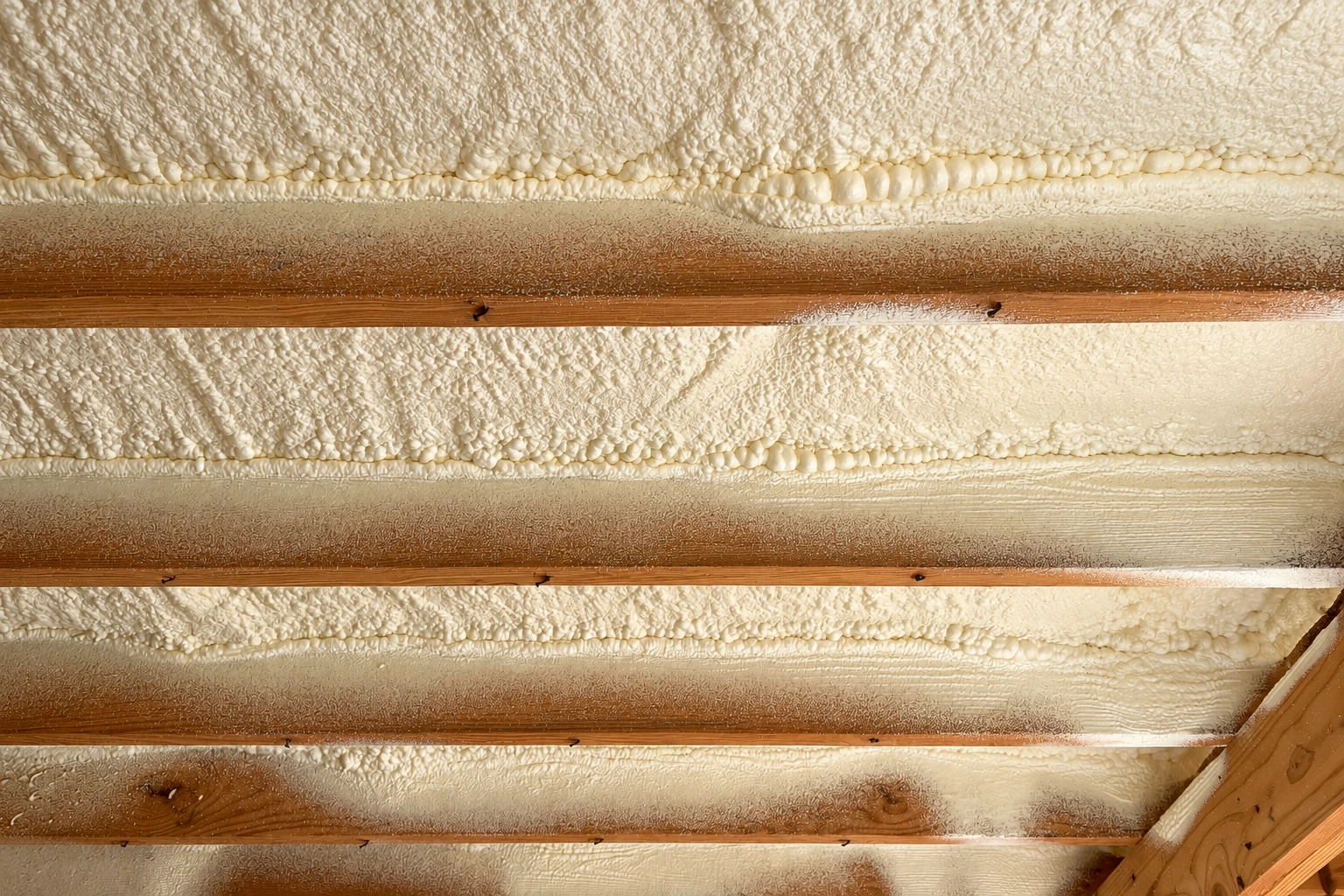 Cream-colored closed-cell foam insulation covers the underside of a roof between parallel wooden rafters.