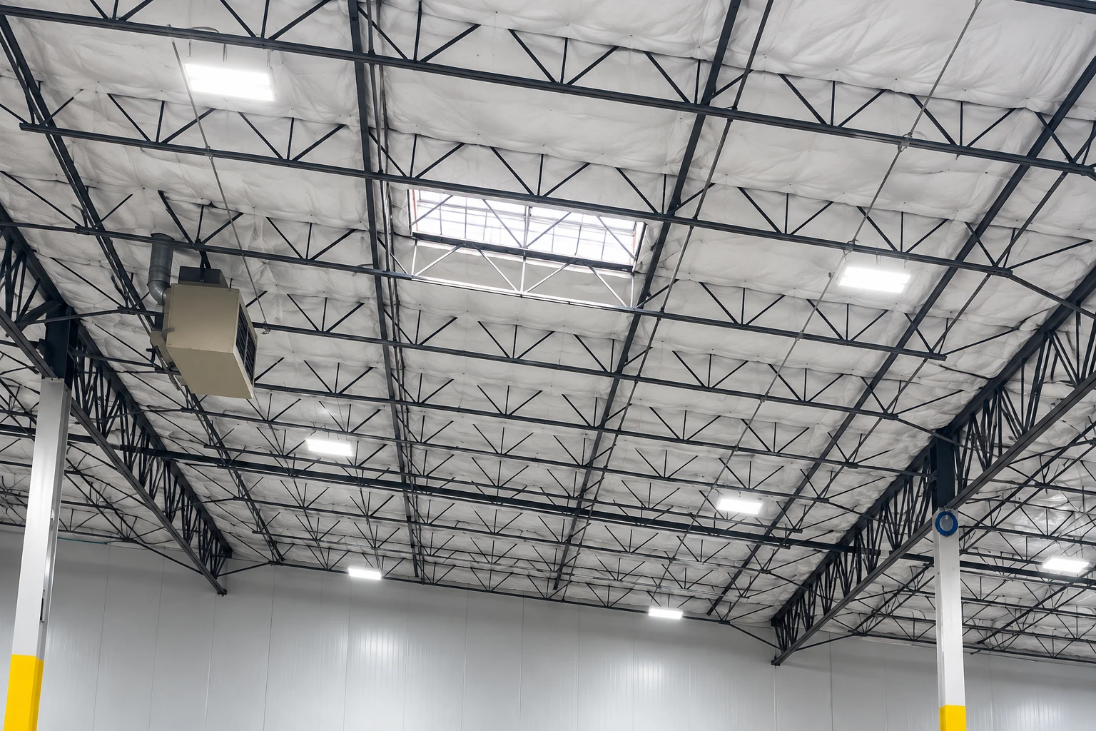 White insulation lines a commercial warehouse ceiling between dark steel trusses and lights.