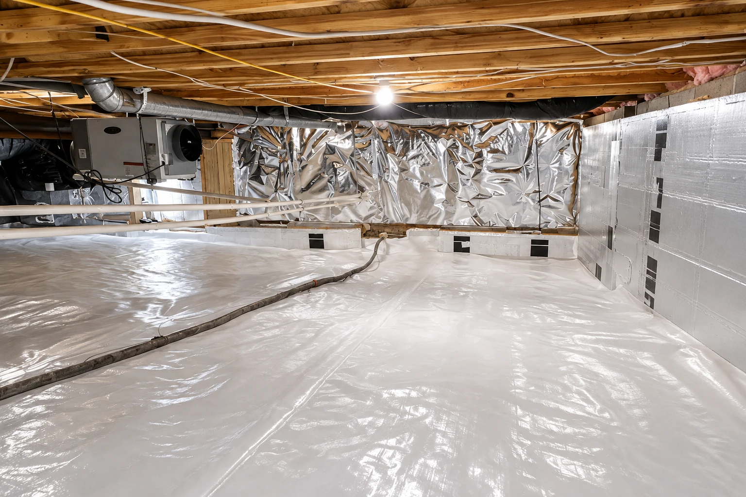 Crawl space with a white plastic vapor barrier covering the floor and reflective insulation lining the walls.