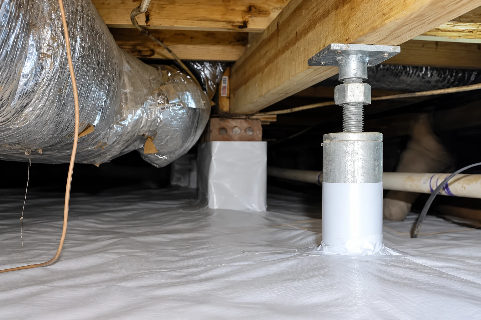 Crawl space vapor barrier covers the floor beneath exposed joists, with insulated ductwork and a metal support post.