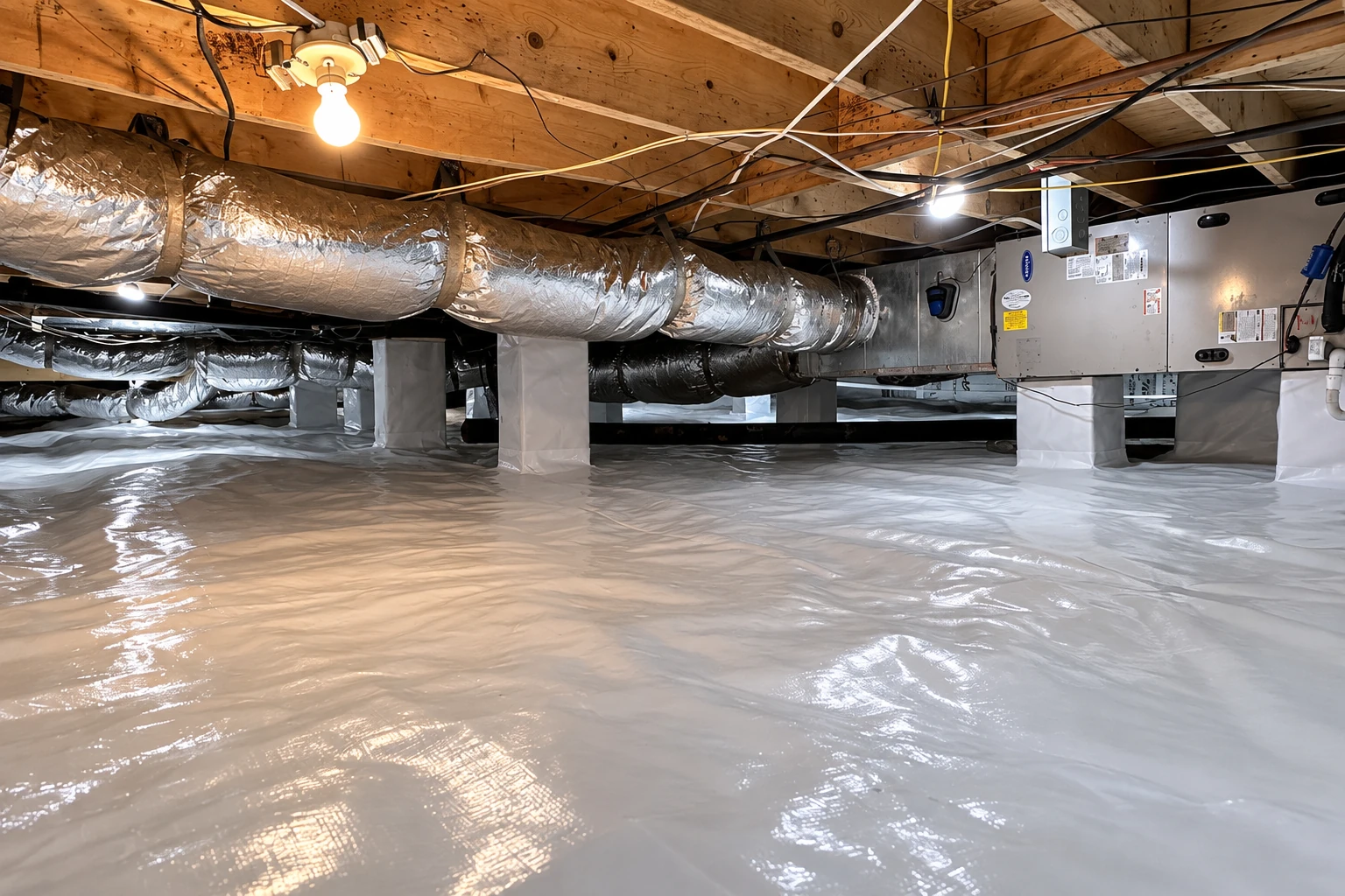 A crawl space has a shiny white vapor barrier covering the ground beneath insulated ducts and exposed floor joists.