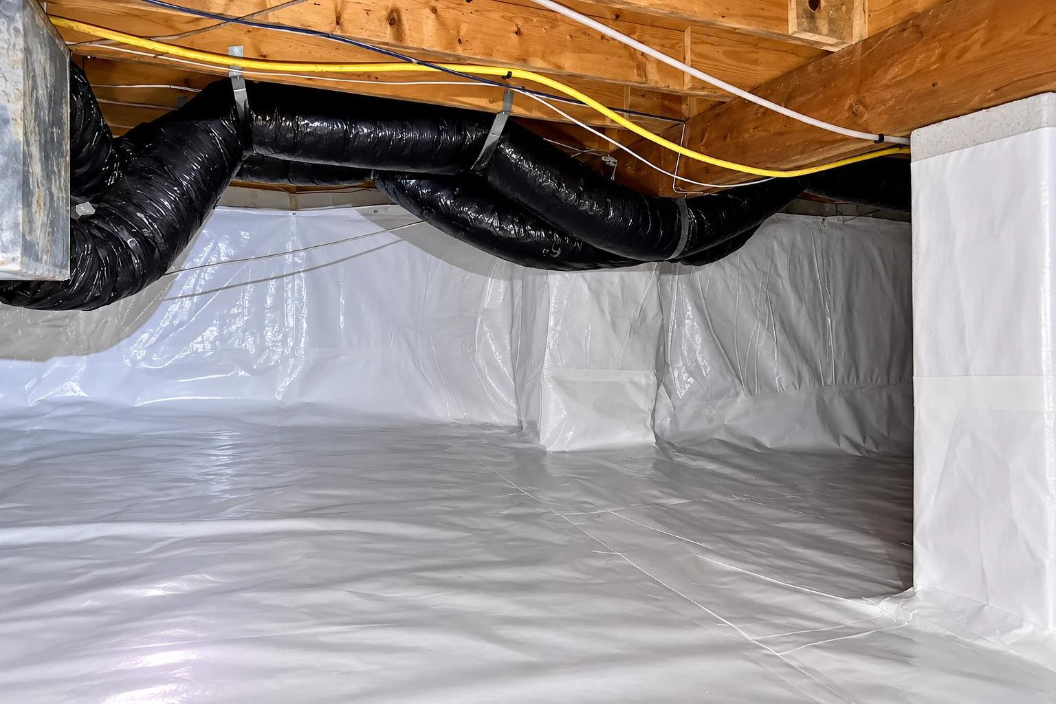 A crawl space floor and walls are lined with white plastic vapor barrier beneath black ducts and exposed wooden joists.