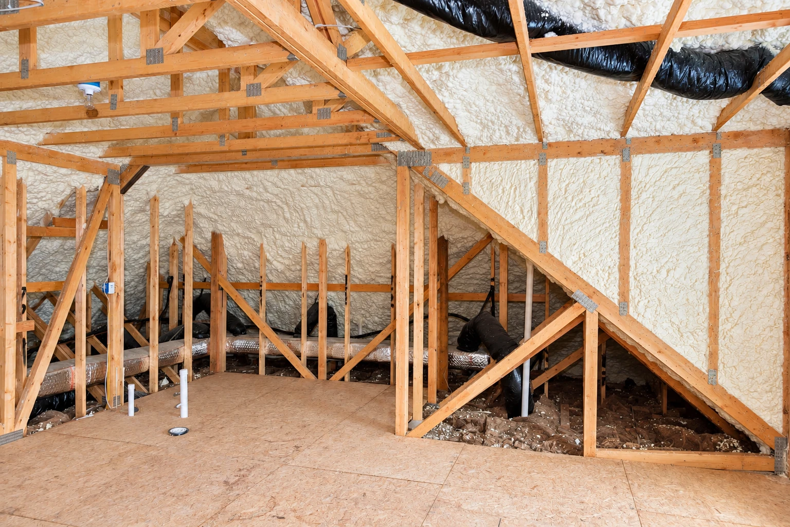Exposed wooden framing in an attic is surrounded by white spray foam insulation, with ducts and an unfinished floor visible.