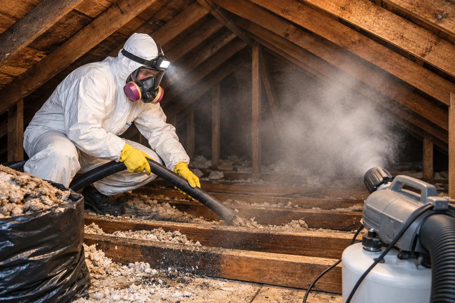 A worker in protective gear vacuums loose insulation from an attic floor using a hose connected to a removal machine.
