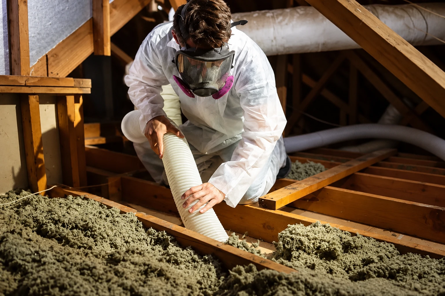 A worker in protective coveralls and a respirator guides a hose through loose attic insulation between exposed wooden joists.