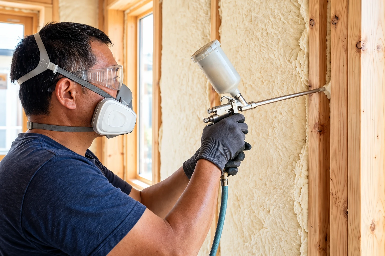 A worker in goggles, respirator, and gloves sprays foam insulation into a wood-framed wall.