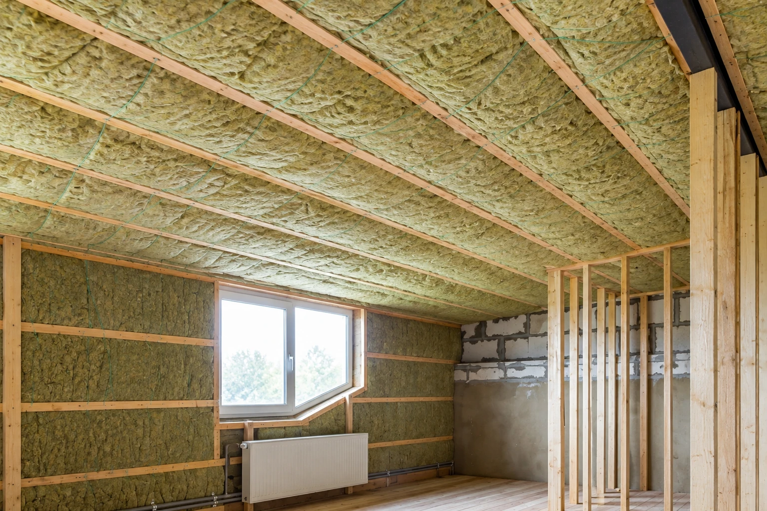 Retrofit insulation fills the sloped ceiling and framed walls of a room, with a window, radiator, and exposed timber studs.
