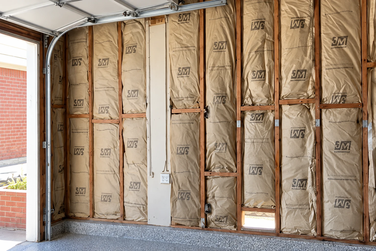 Wall framing in a garage is filled with kraft-faced insulation batts beside a raised garage door.