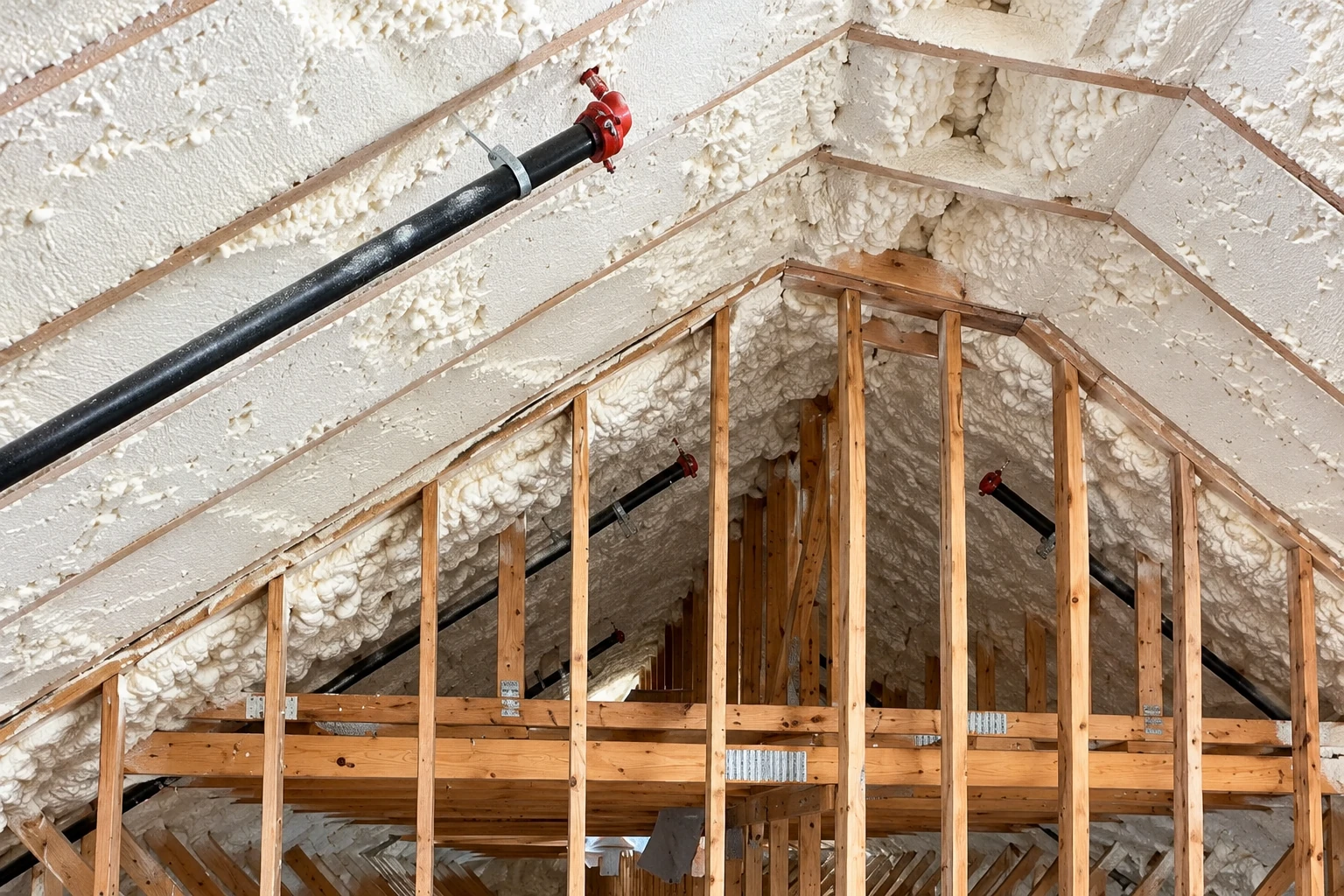 Spray foam insulation coats the sloped roof of an unfinished attic, with exposed wooden framing and black pipes.