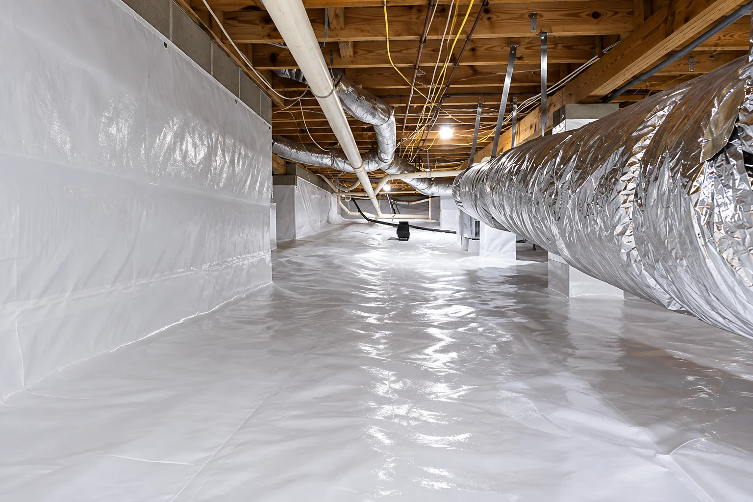A crawl space floor and lower walls are covered with a reflective plastic vapor barrier beneath ducts and exposed joists.